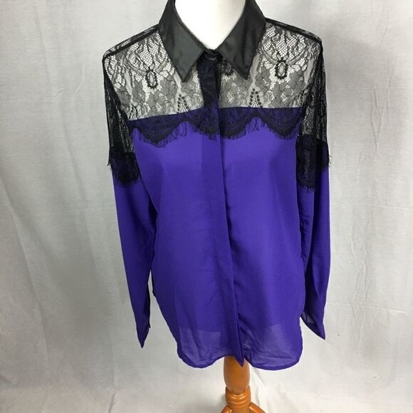 NWT Glol XL purple black lace button shirt long sleeved 100% polyester - Picture 3 of 7